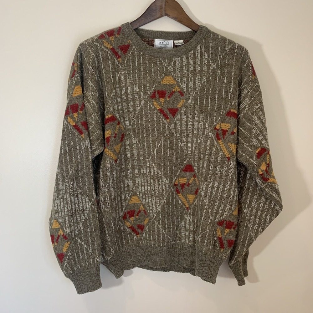 Vintage The Mens Store at Sears Sweater XL Pullover Tan Geometric Print‎ Grandpa
